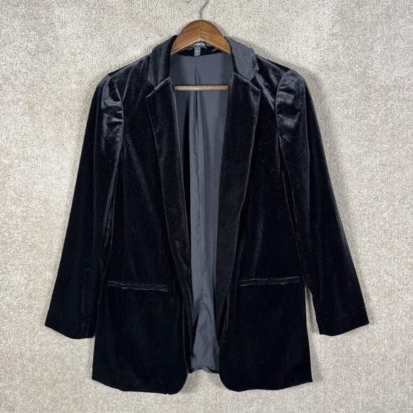 Express Blazer Jacket Womens Small Black Velvet Longline Open Front Party Formal - Picture 2 of 10